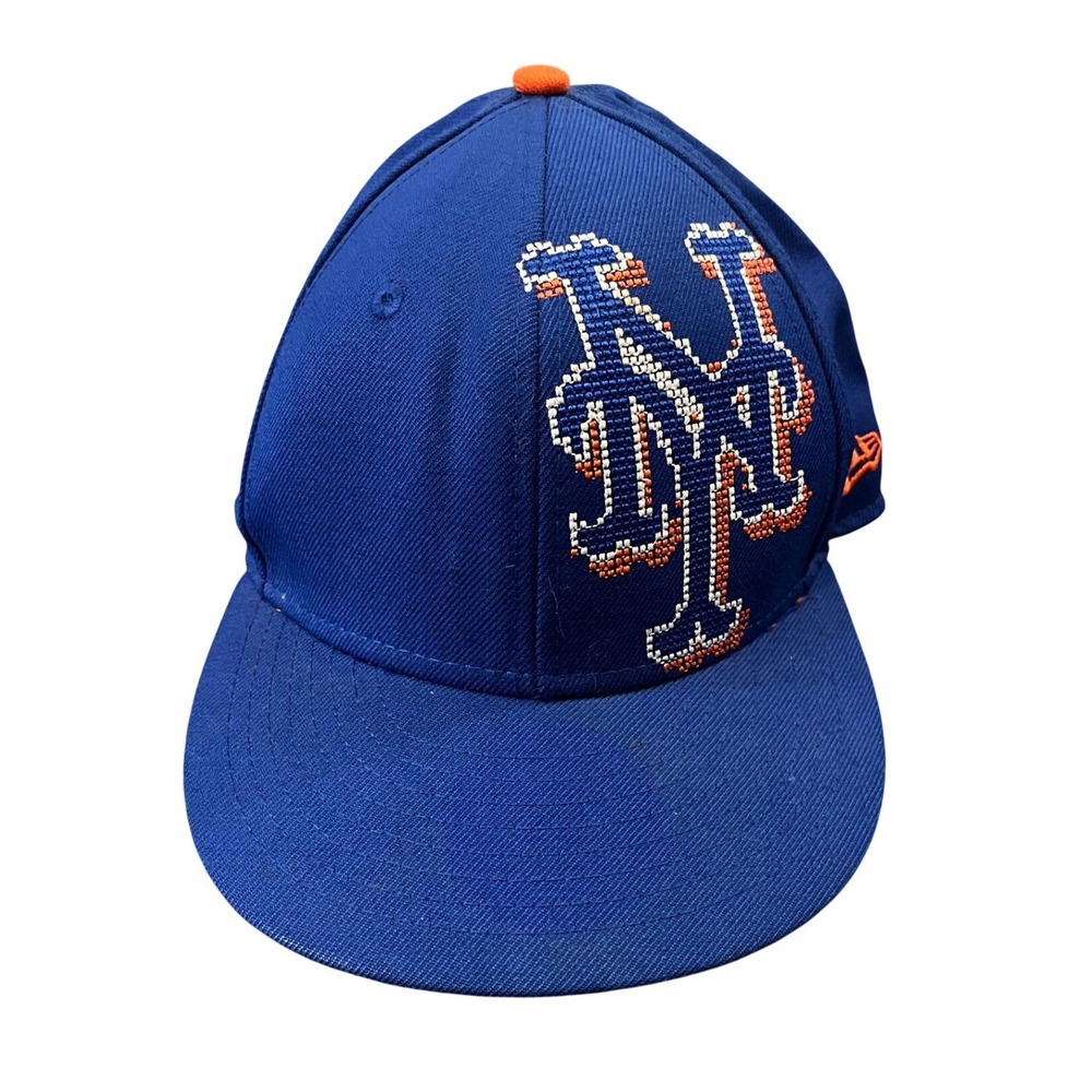 New Era 59FIFTY Hat Mens 6 7/8 Blue NY Mets Cross Stitch Logo Fitted Cap